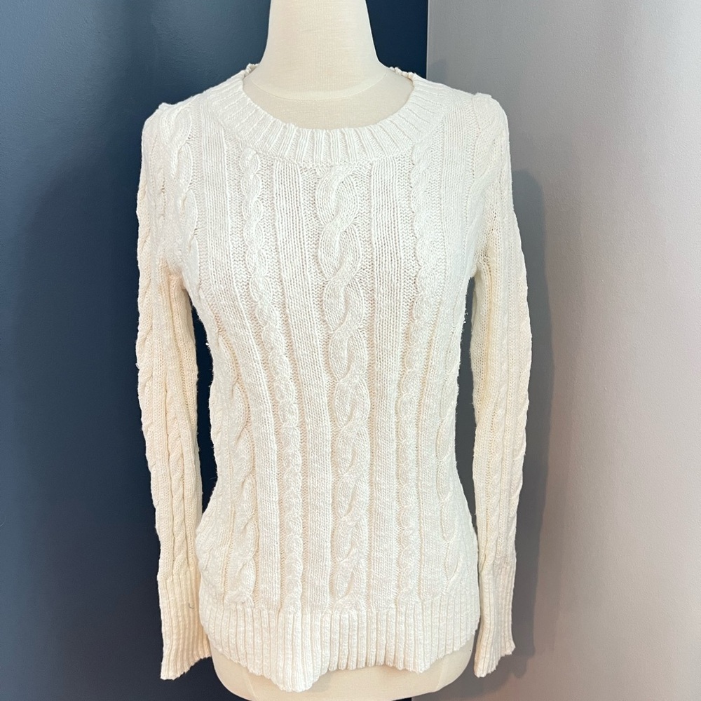J.Crew White Cable Knit Sweater Size S 100% Cotton